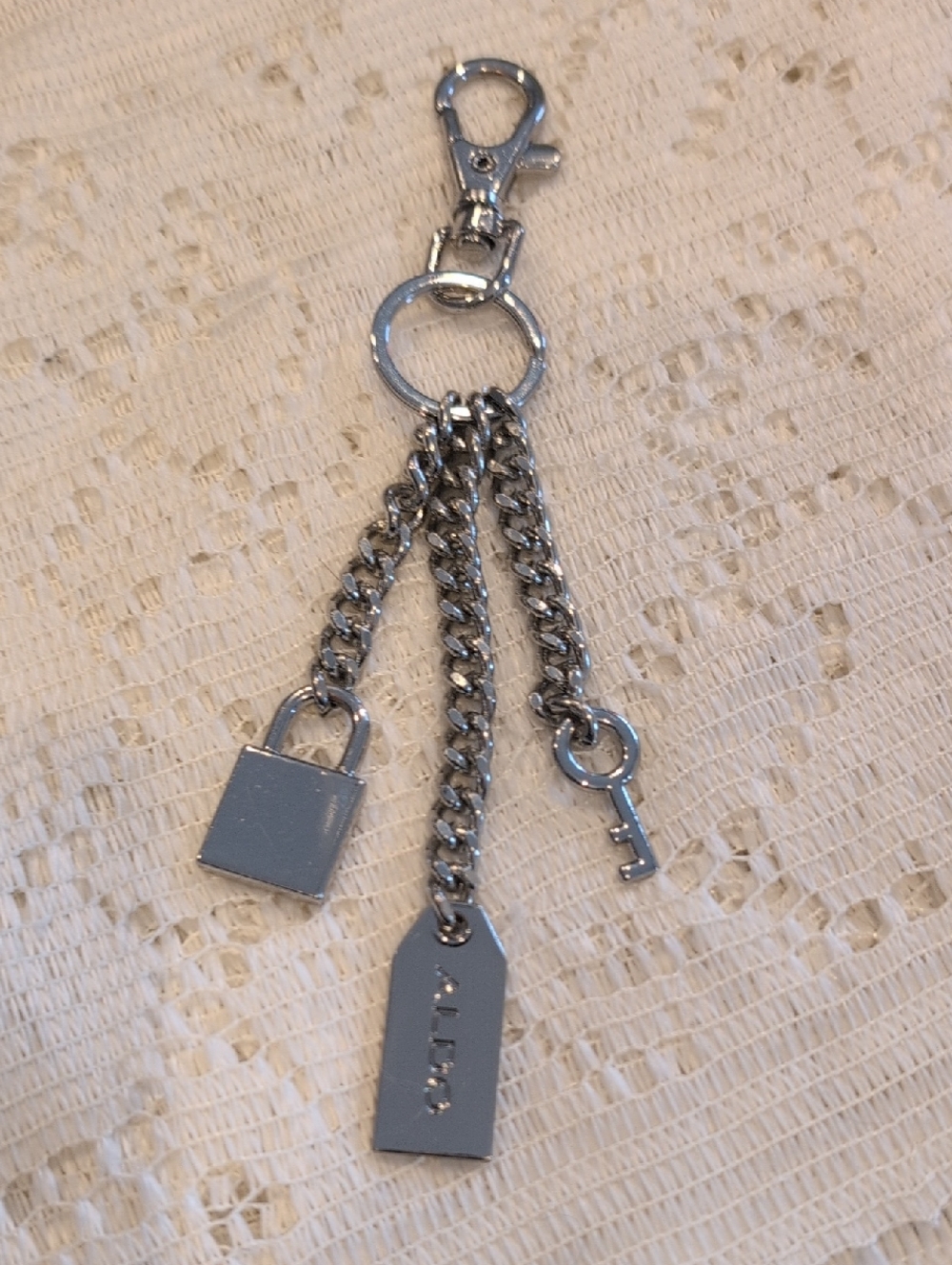 ALDO Silver Tone Lock and Key Bag Charm / Keychain - 3 Tiered Chains
